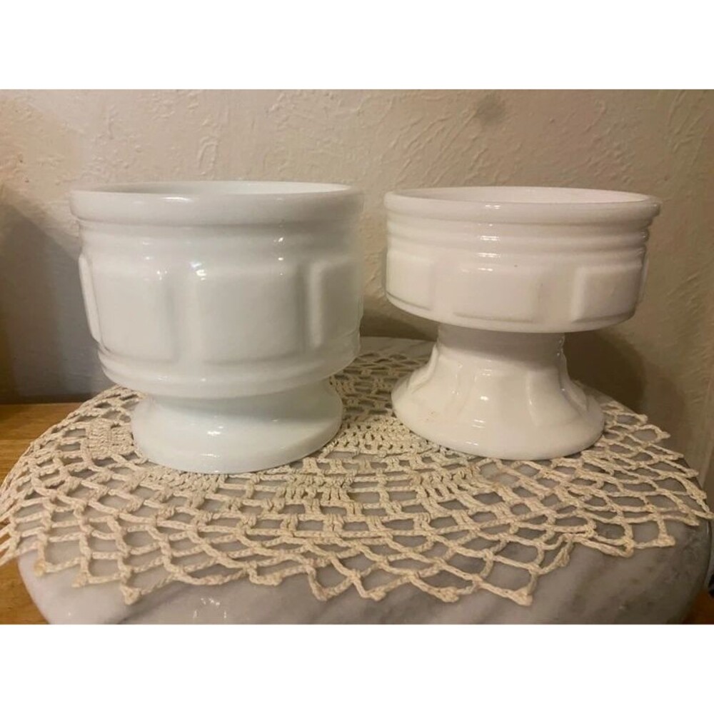 Vintage Milk Glass Pedestal Planters / Vases – Geometric Block Pattern Pair